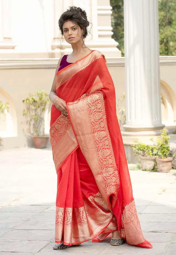 Handwoven Skirt Nakshi Border Cotton Linen Banarasi Saree in Golden Ye –  Bengal Looms India